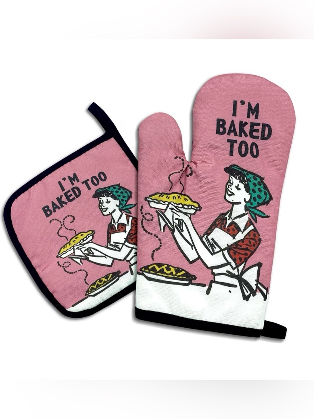 NEW Pink "I'm Baked Too" Oven Mitt & Pot Holder Set Funny Gift 🎁